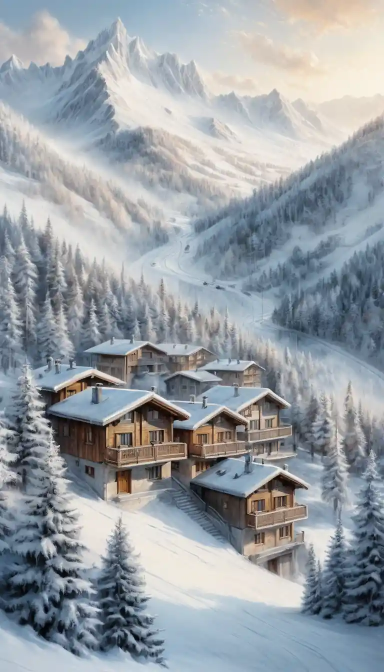 Alpine mountain village bas relief with snowy ski slopes