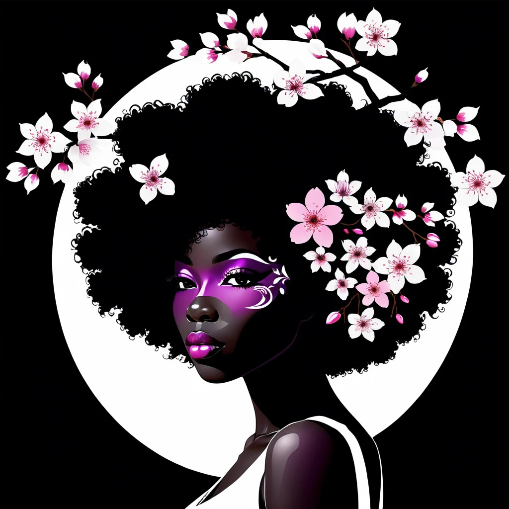 Silhouette de femme avec afro floral en fleurs de cerisier