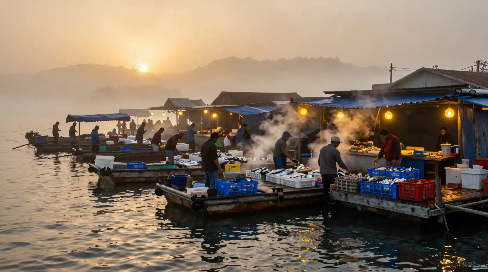 Aube dorée sur un marché aux poissons dans un port côtier brumeux