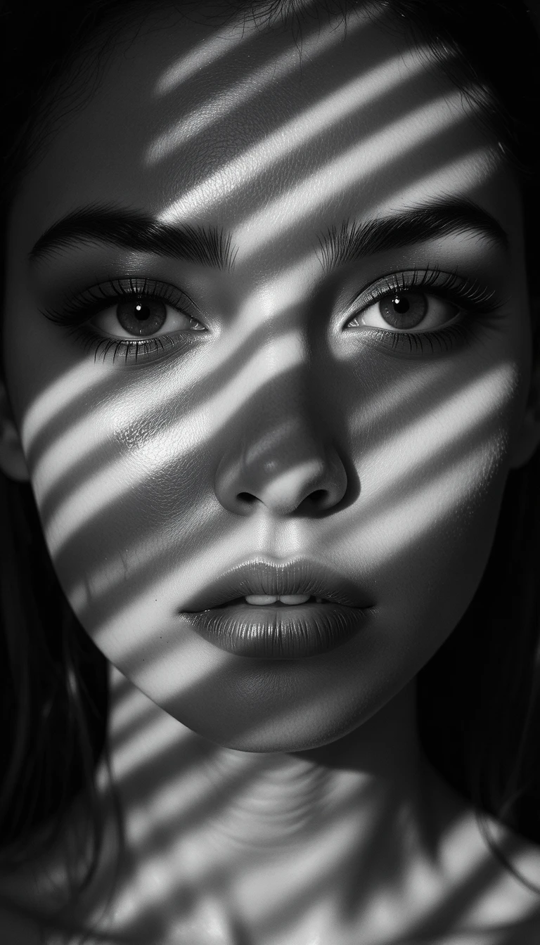 Woman in venetian blind shadows with intense black and white contrast