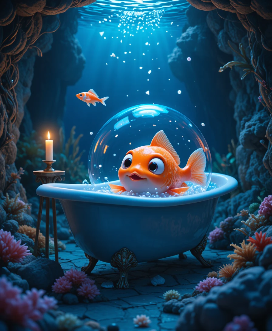Whimsical 3D goldfish bathing in a sunken ocean tub