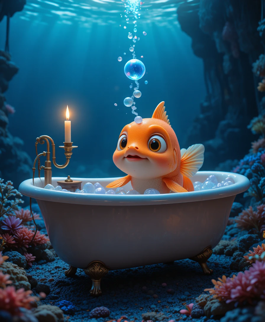 Whimsical goldfish relaxing in a bathtub under the sea