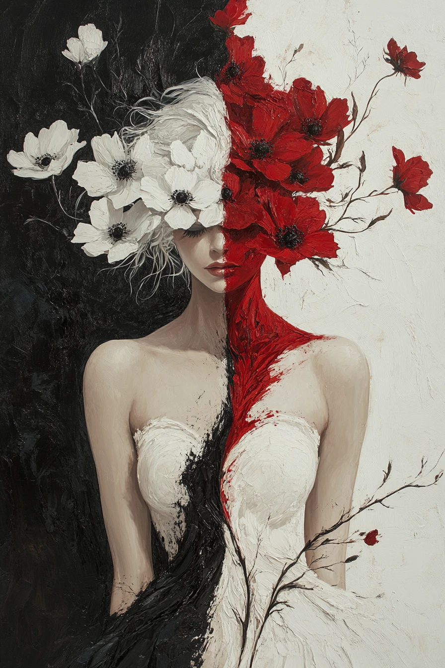 Femme élégante en blanc, rouge et noir avec symbolisme floral