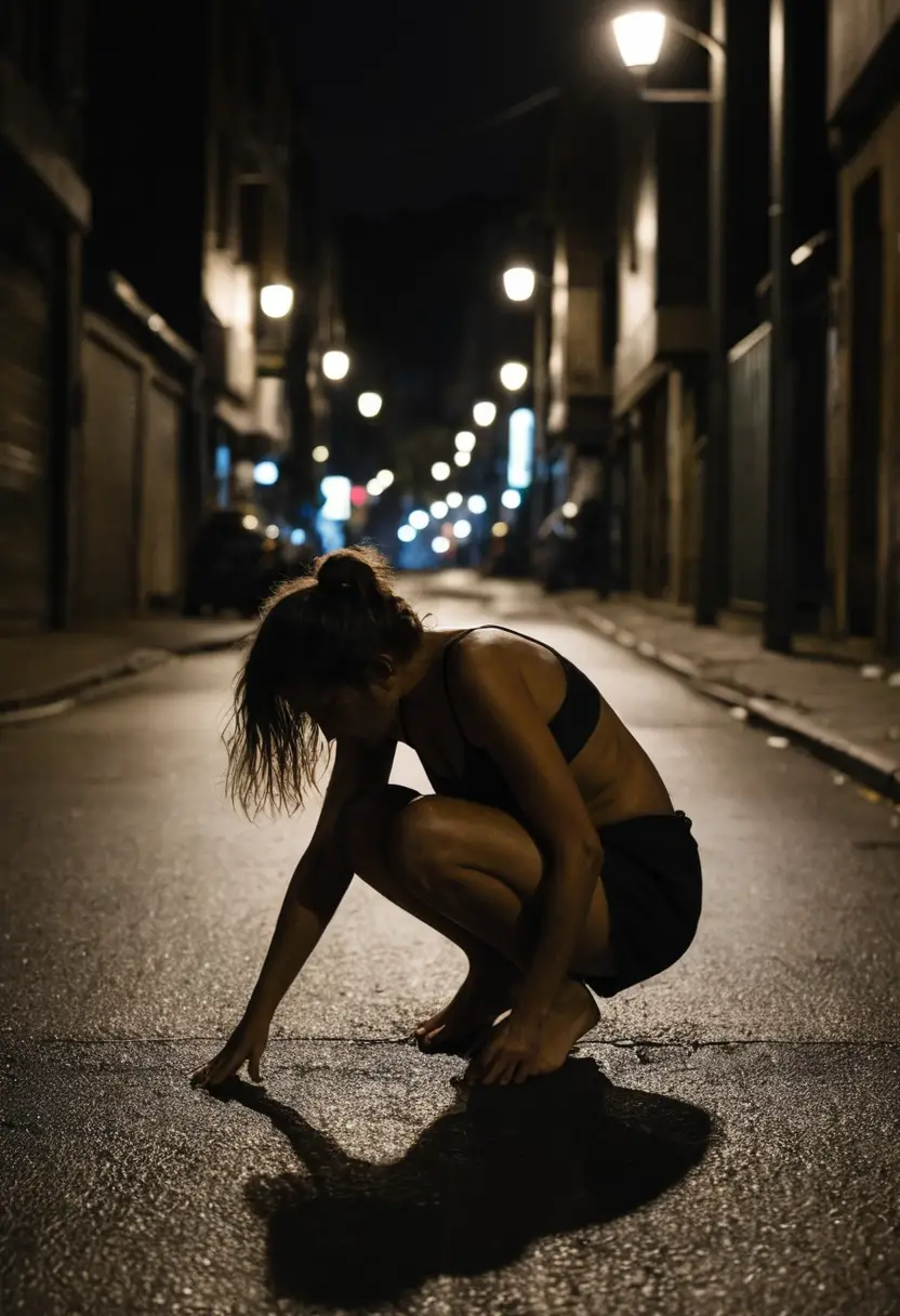 Backlit woman crouching barefoot in a dark city street