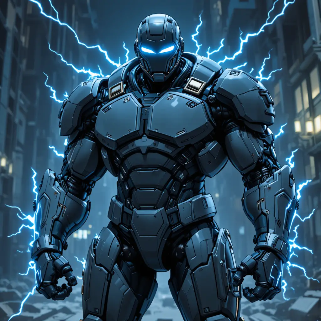 Cyborg blindado en exoesqueleto colosal con visor brillante