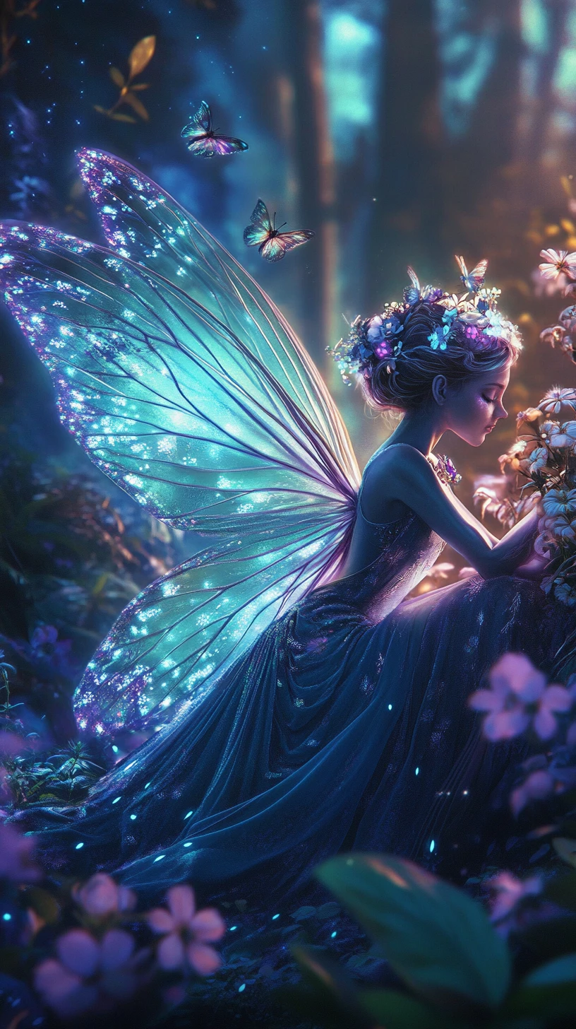 Glowing Fairy Resting On Flowers In Enchanted Forest
