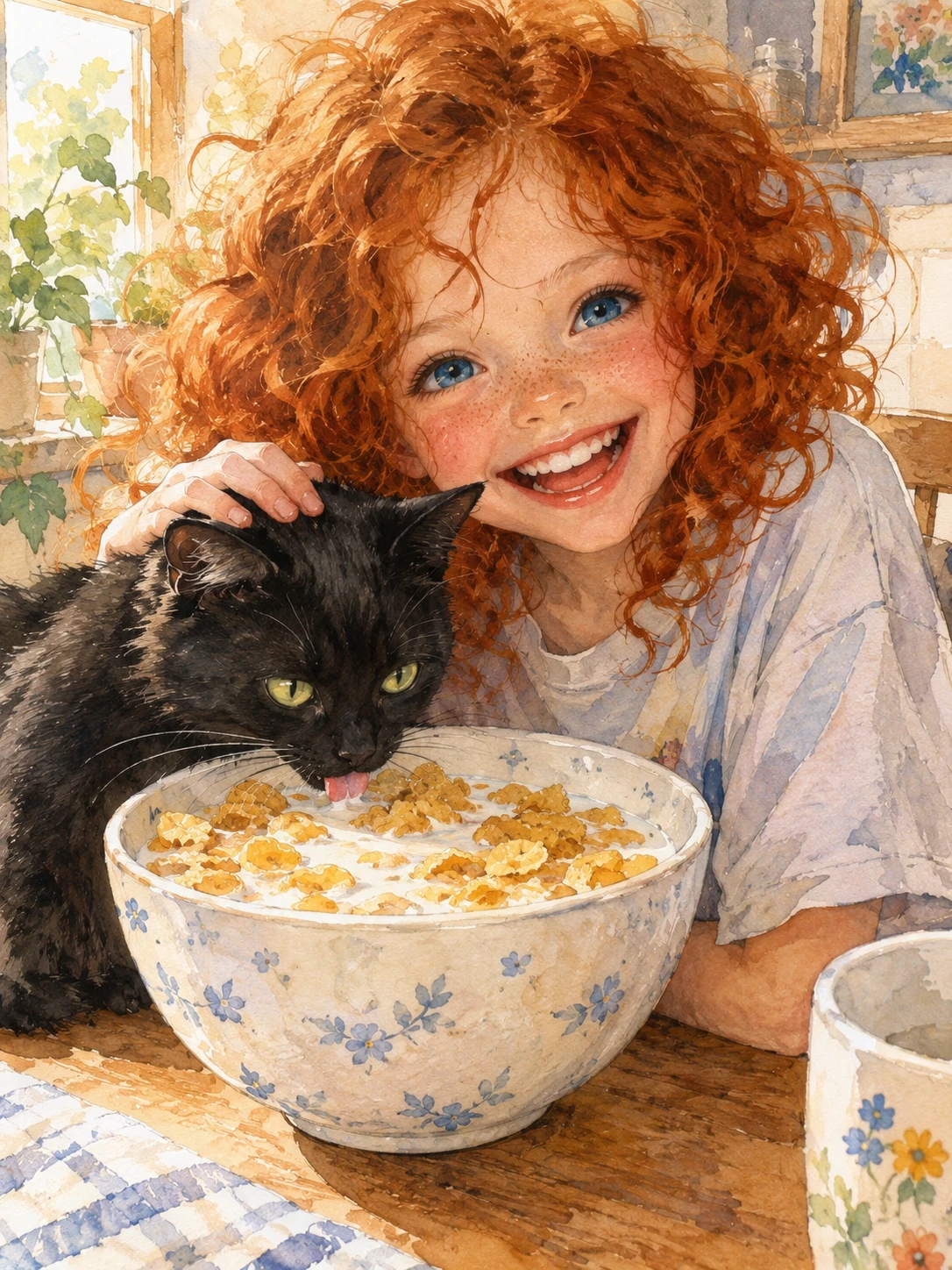 Chica pelirroja sonriendo en el desayuno con su gato negro