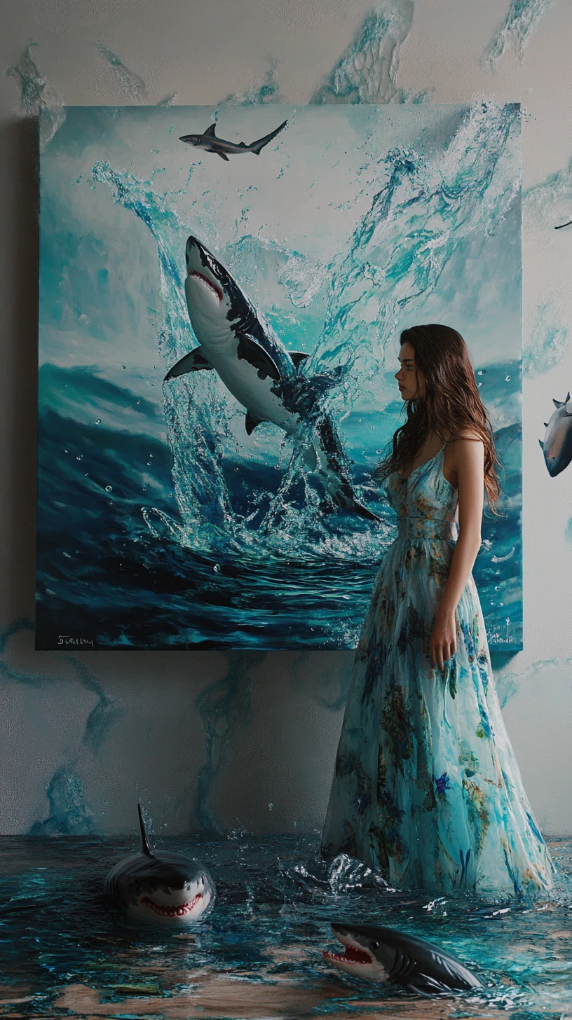 Donna che guarda un dipinto di un lago riversare acqua nella galleria