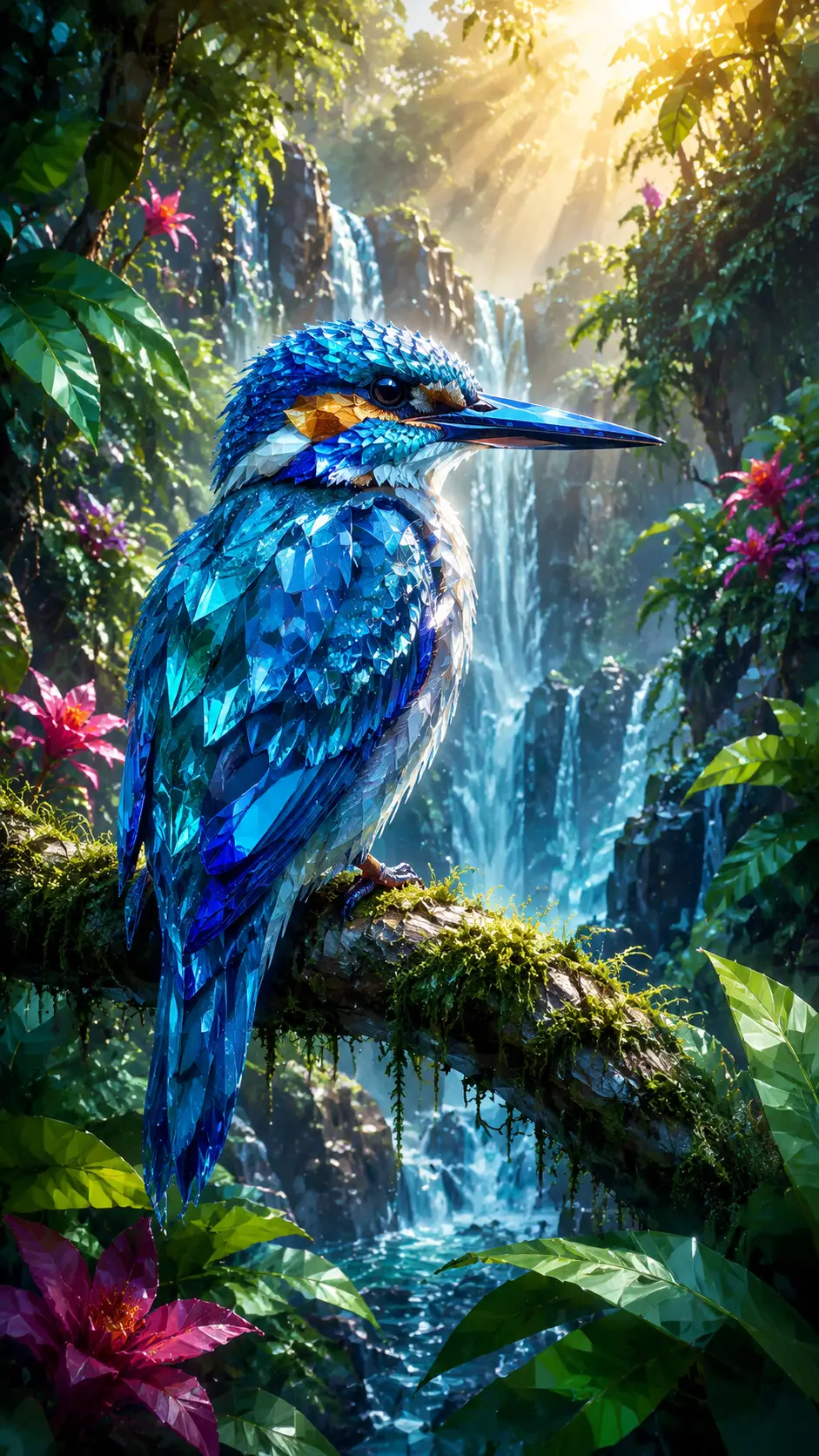 Crystal kingfisher on mossy branch above jungle waterfall