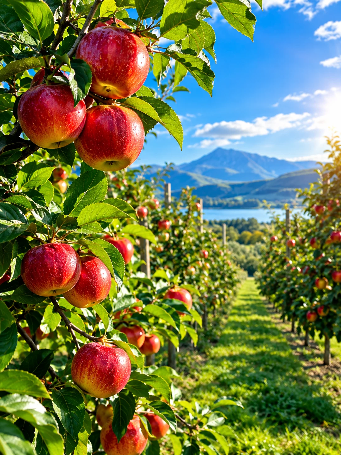 Colorful orchard scene with bright vibrant lighting