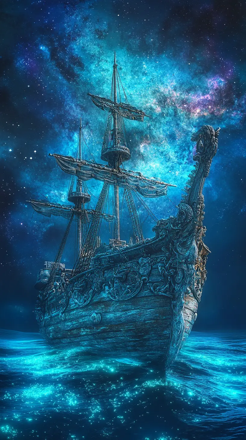 Ancient wooden ship sailing on a glowing cosmic sea