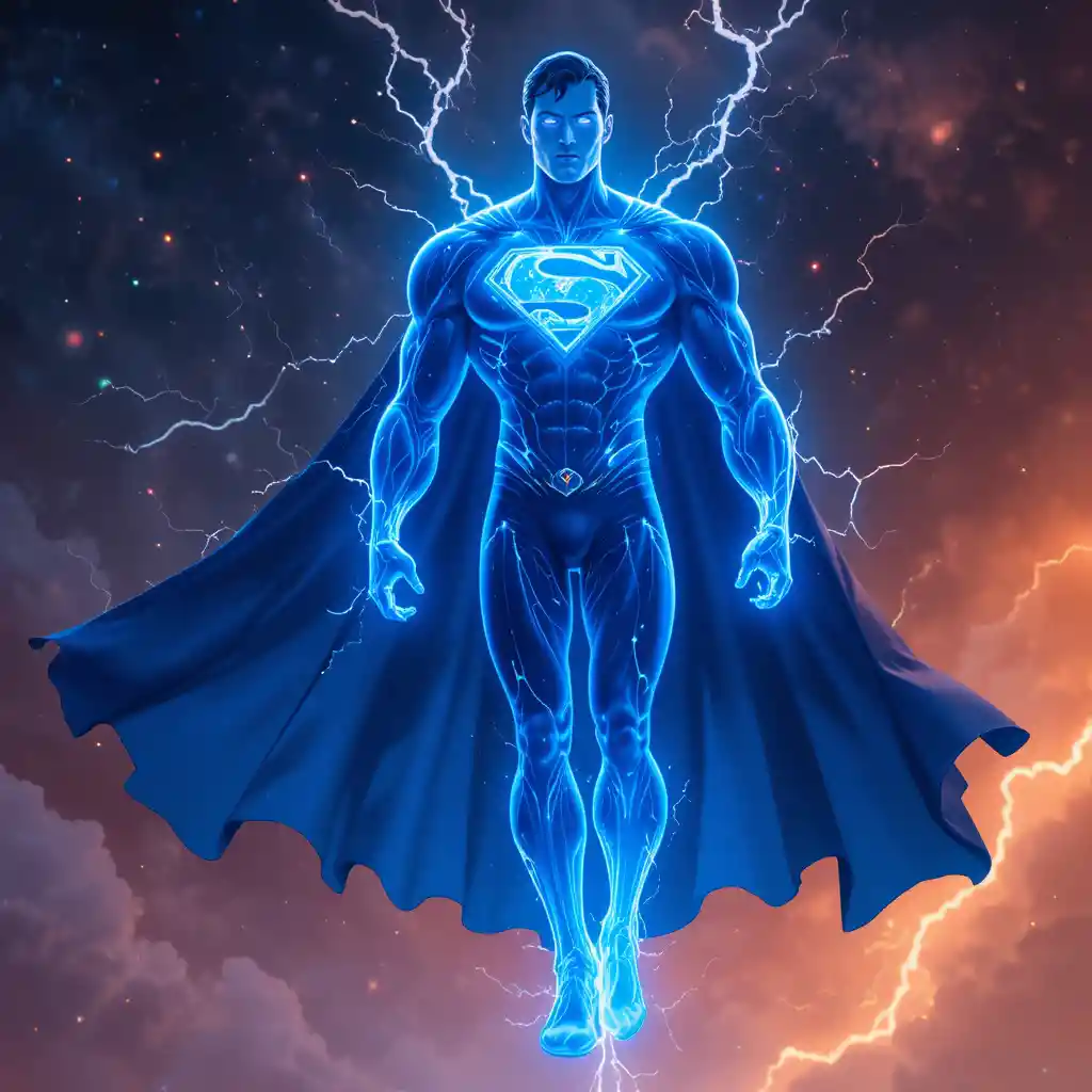 Glowing Blue Superhero Silhouette In Cosmic Sapphire Energy
