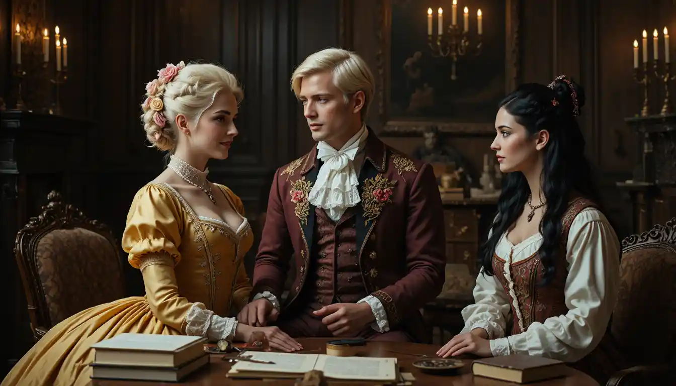 Three elegant figures in a candlelit historical salon