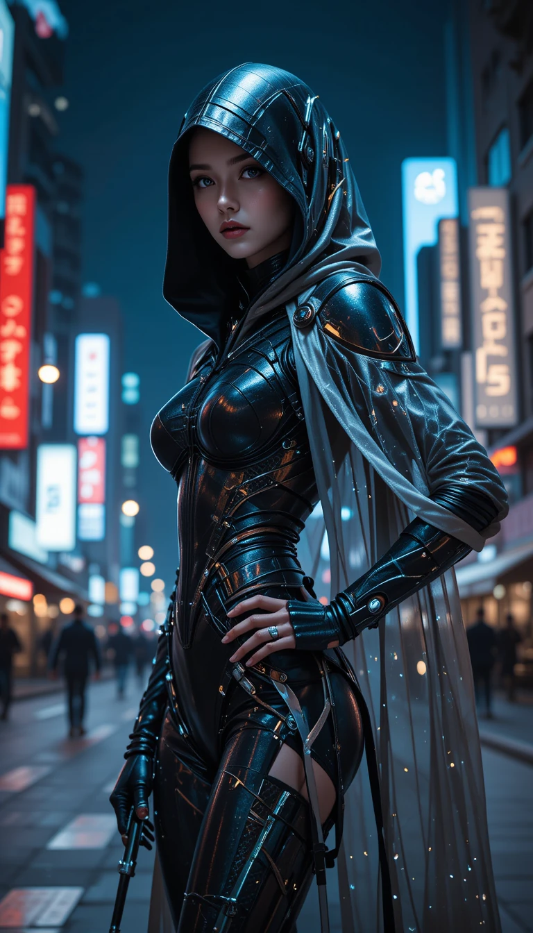 Assassin futuriste et fashion dans une ville éclairée au néon