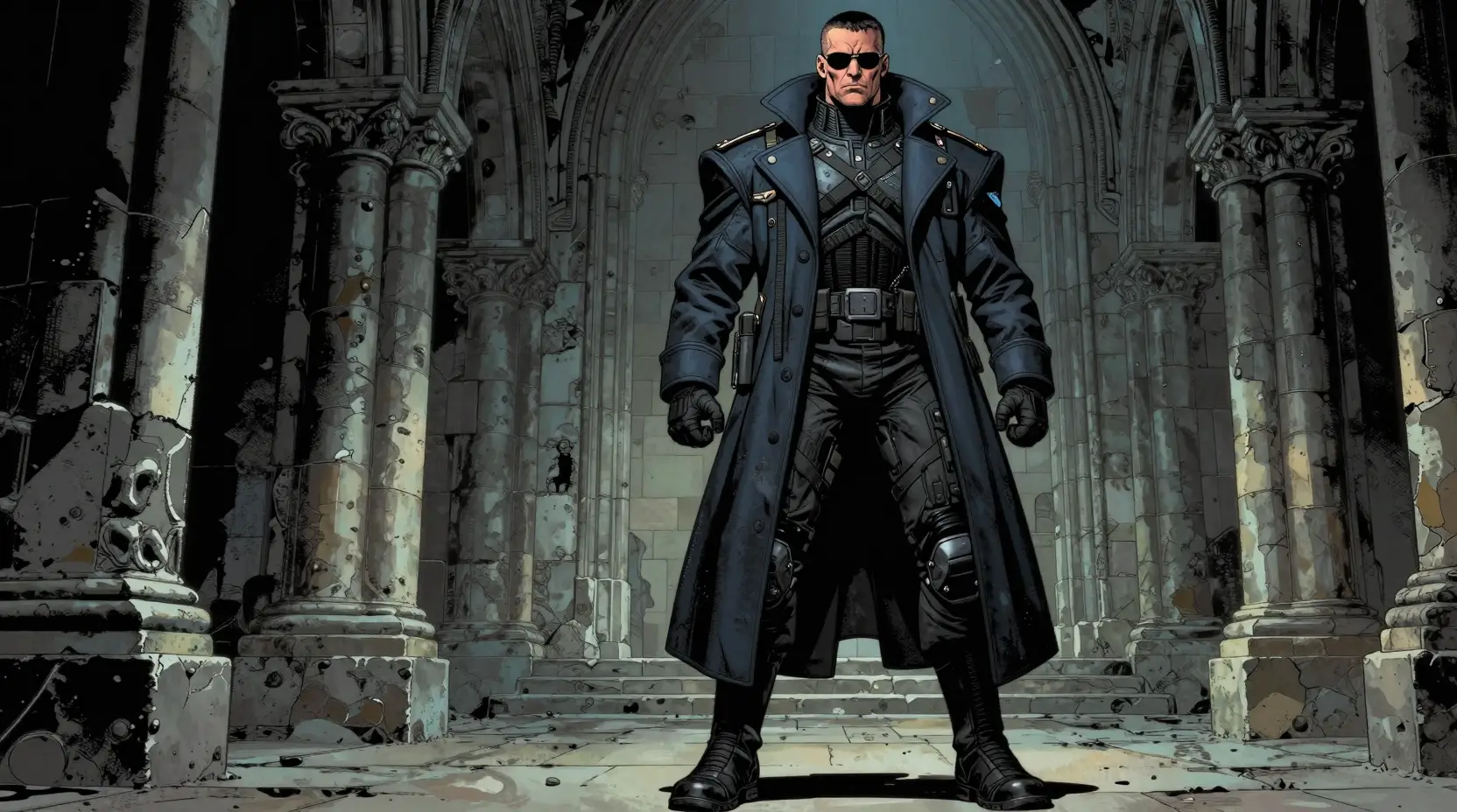 Grim futuristic operative in a gothic stone crypt