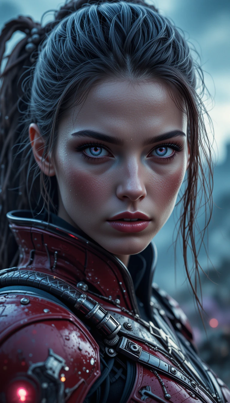 Close up of a fierce armored sci fi warrior woman