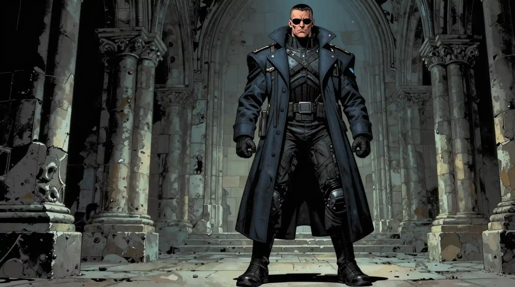 Grim futuristic operative in a gothic stone crypt