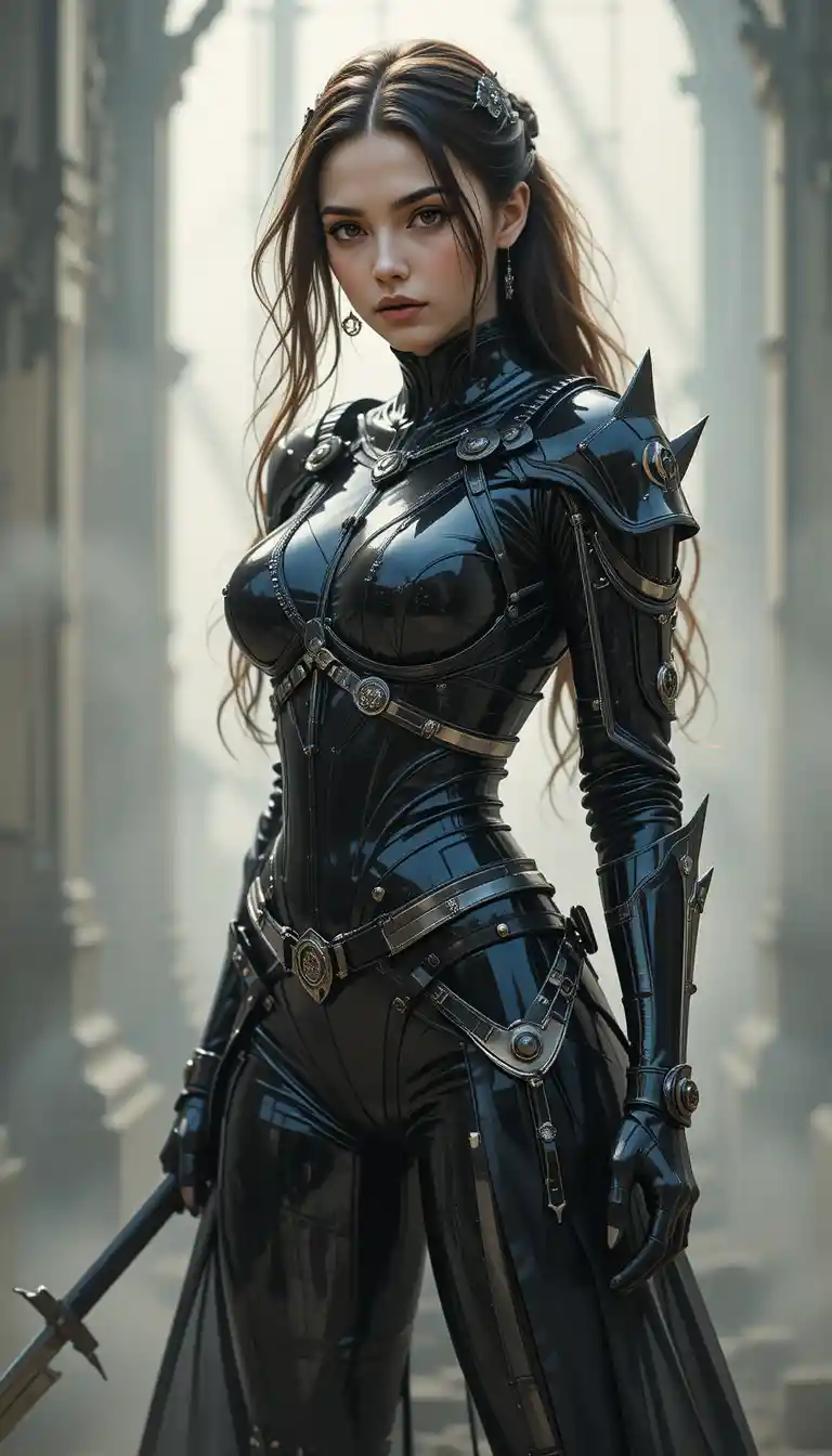 Young woman warrior in futuristic battle armor pose