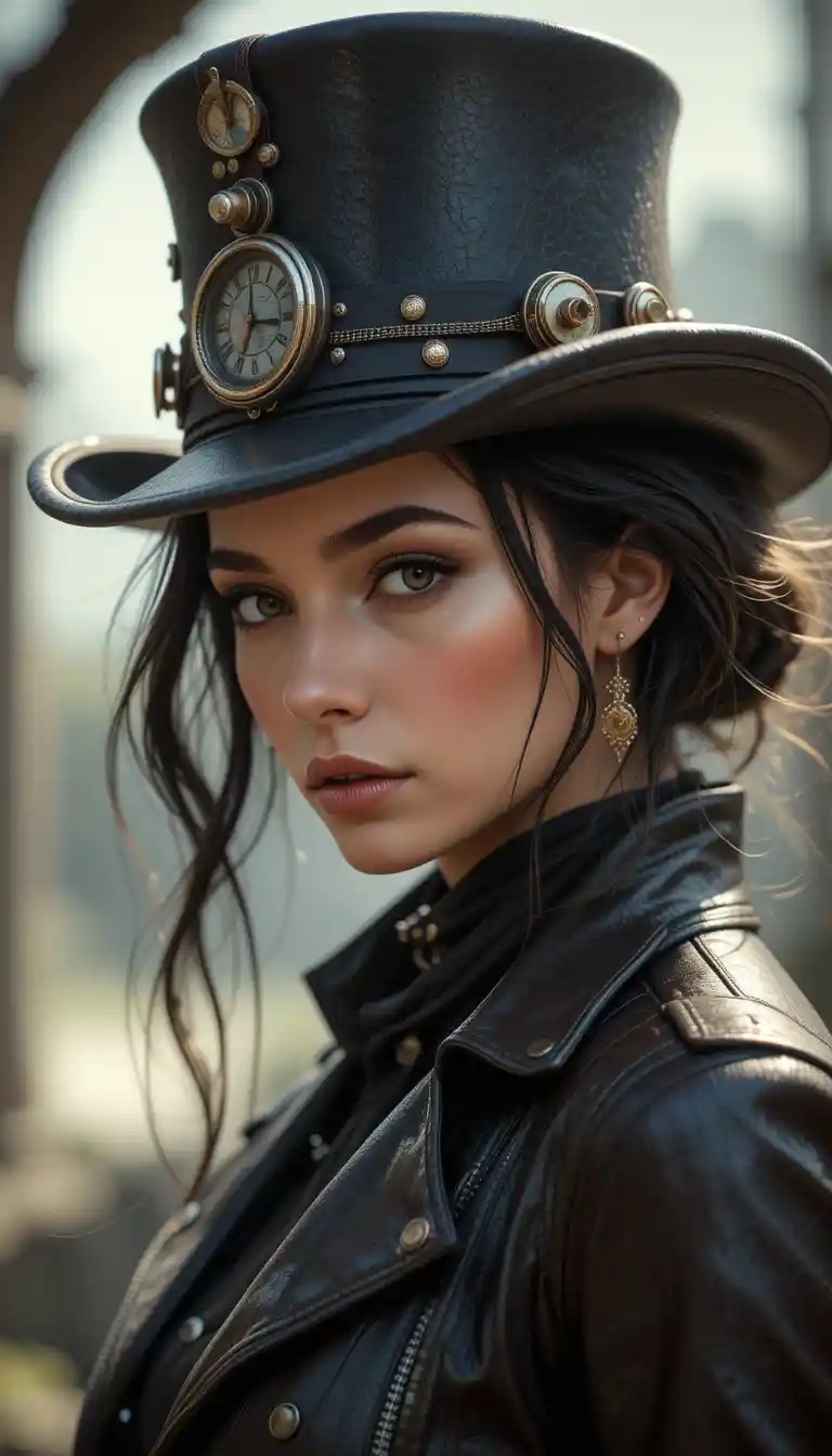 Primo piano di donna anime con cappello steampunk e giacca di pelle