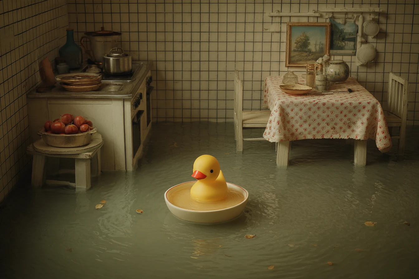 Pato de goma flotando en un plato de sopa sobre la mesa