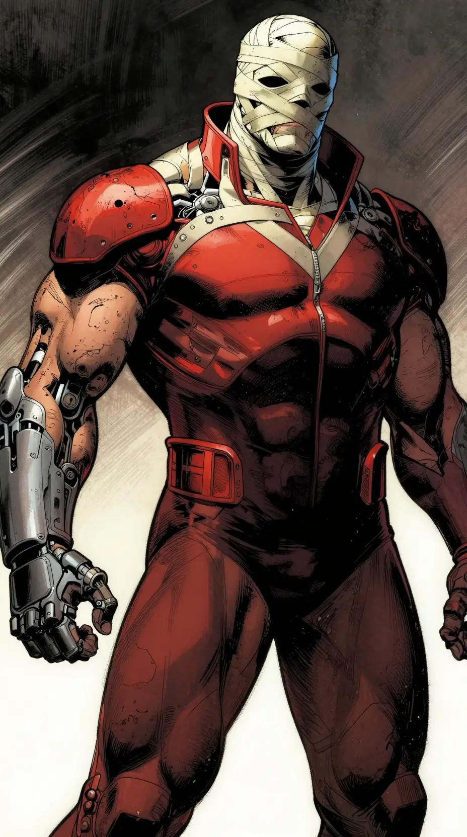 Bandaged powerhouse in a dramatic comic book illustration