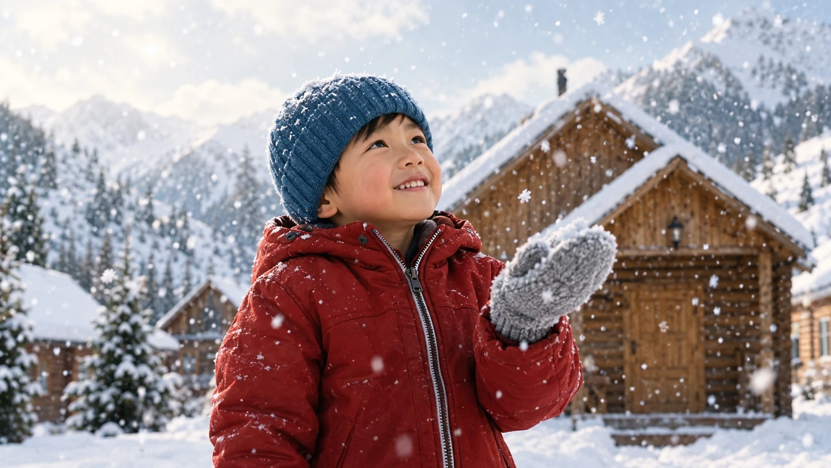 Man Smiling Up At Falling Snow In Quiet Winter Village