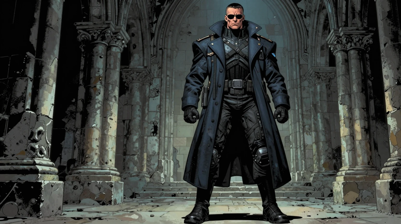 Grim futuristic operative in a gothic stone crypt