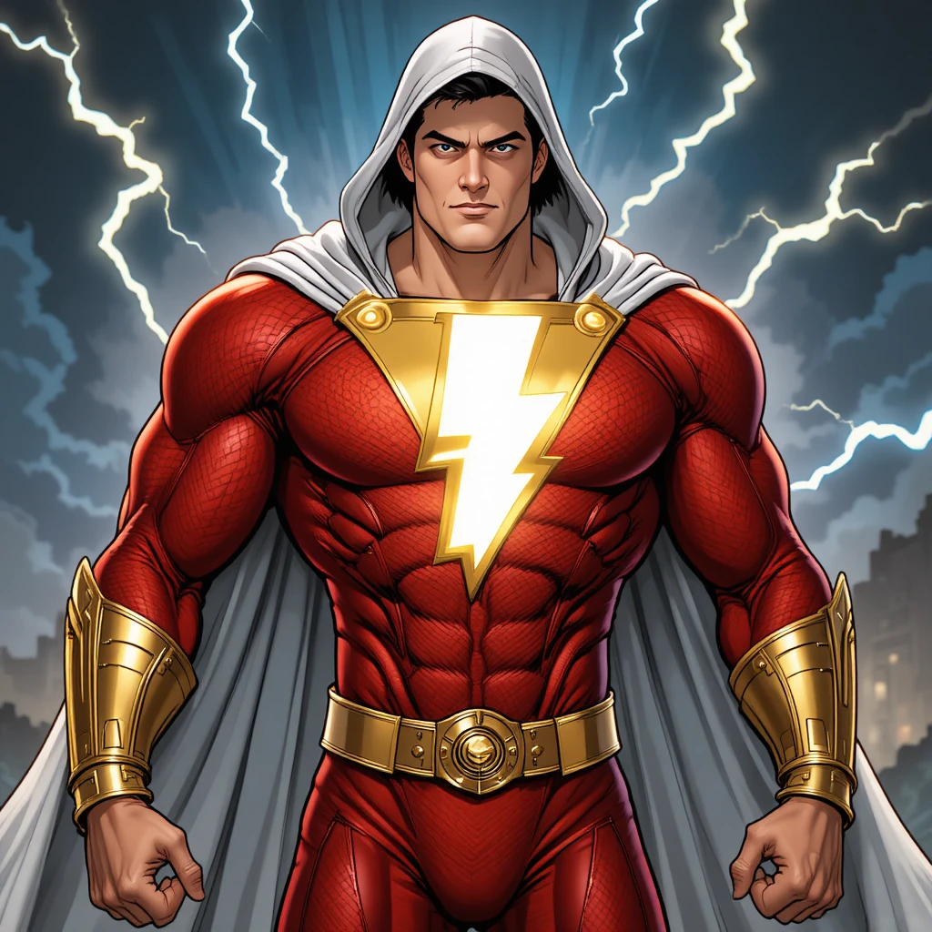 Hooded red armored superhero with glowing lightning emblem