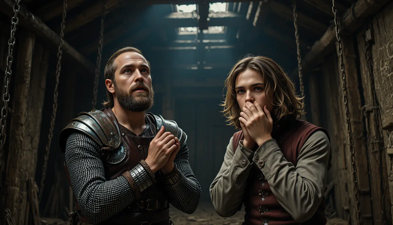 Chained medieval man pleading beside shocked young onlooker