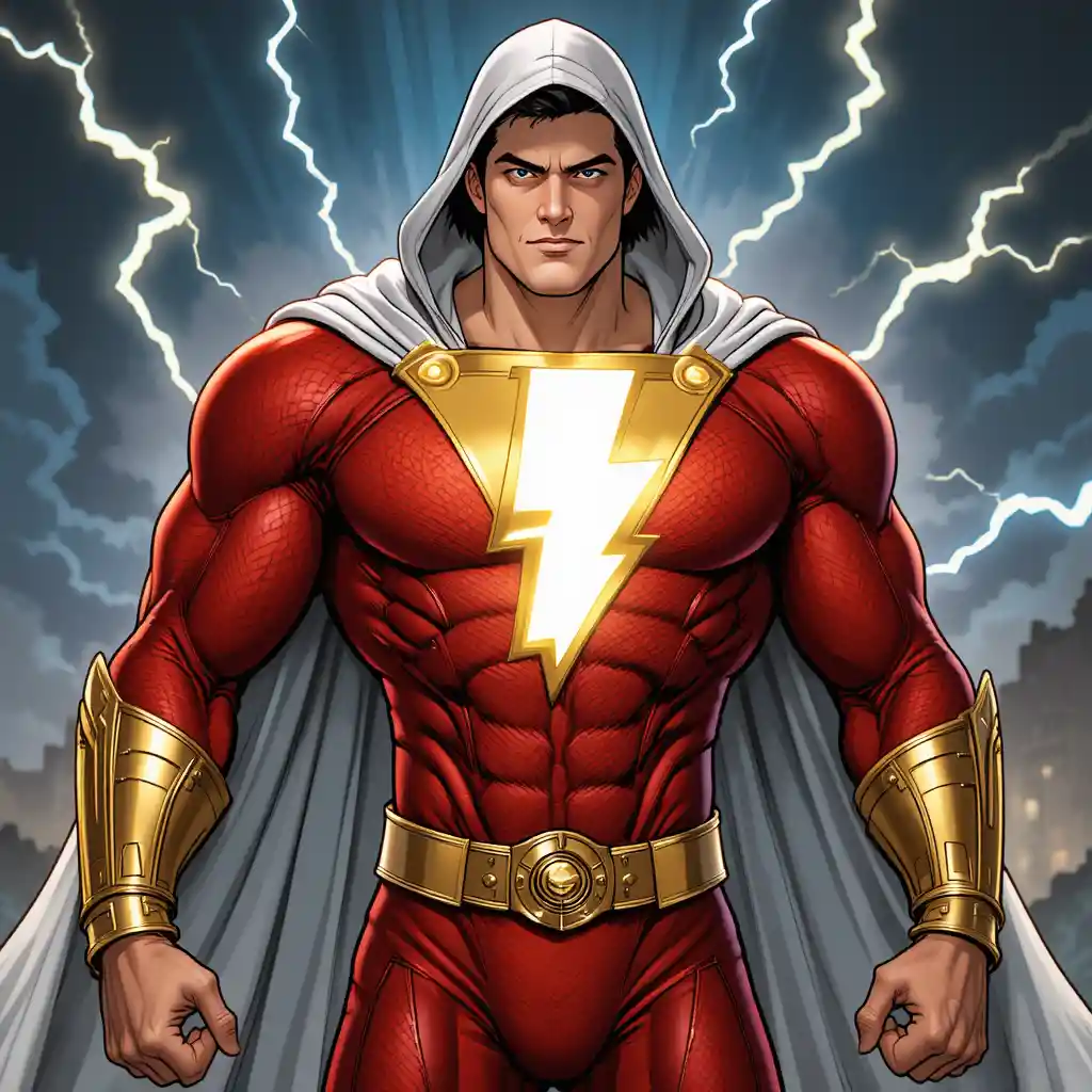 Hooded red armored superhero with glowing lightning emblem