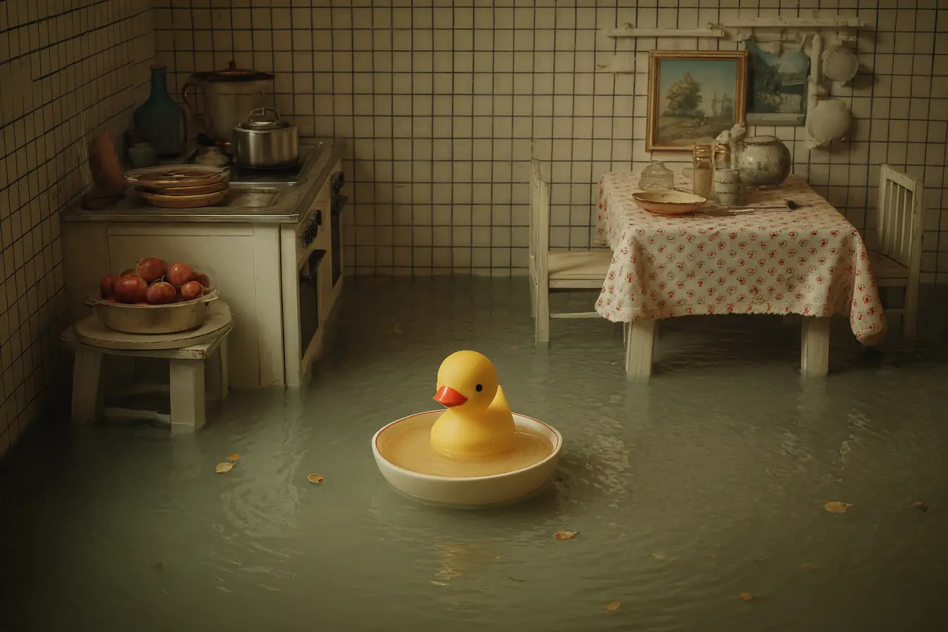 Pato de goma flotando en un plato de sopa sobre la mesa