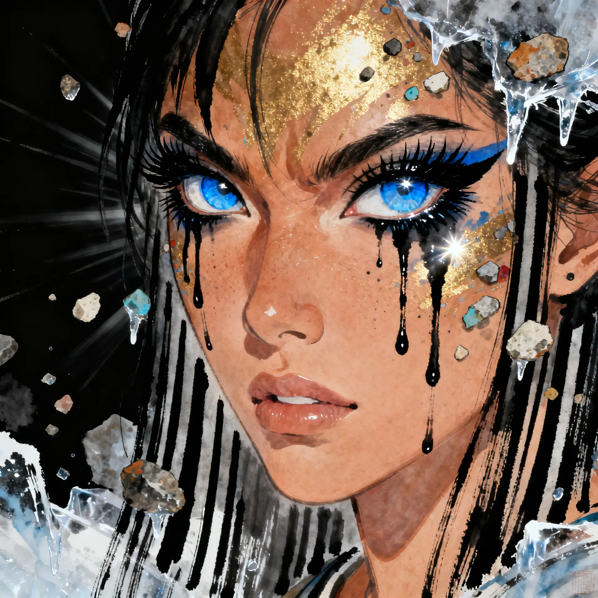 Fierce warrior woman with glacier blue eye in ink