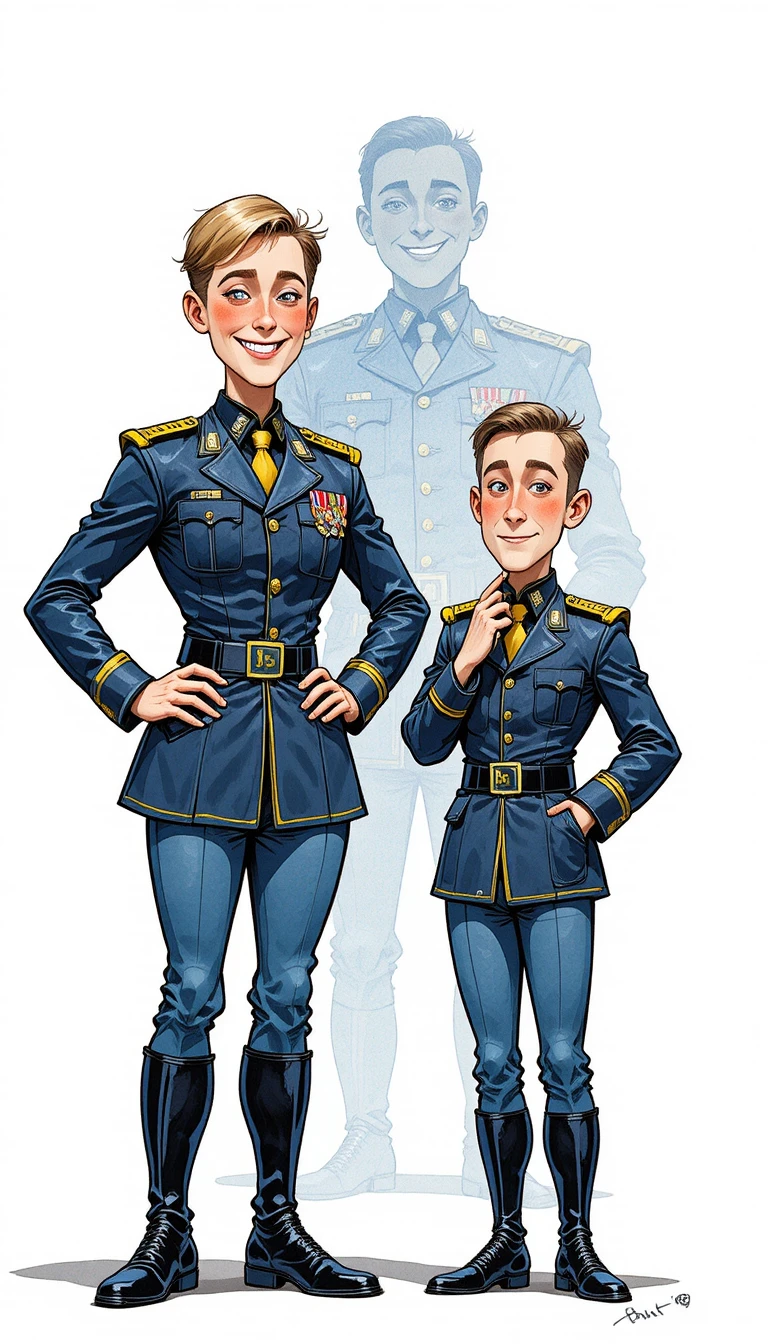 Dos soldados de dibujos animados con uniformes azules sobre fondo blanco