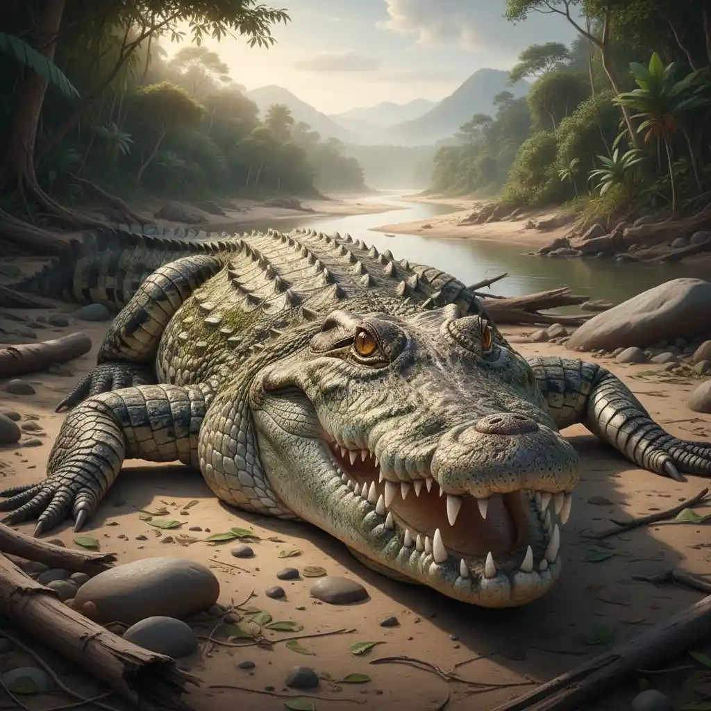Ancient Saltwater Crocodile Resting On Sandy Riverbank