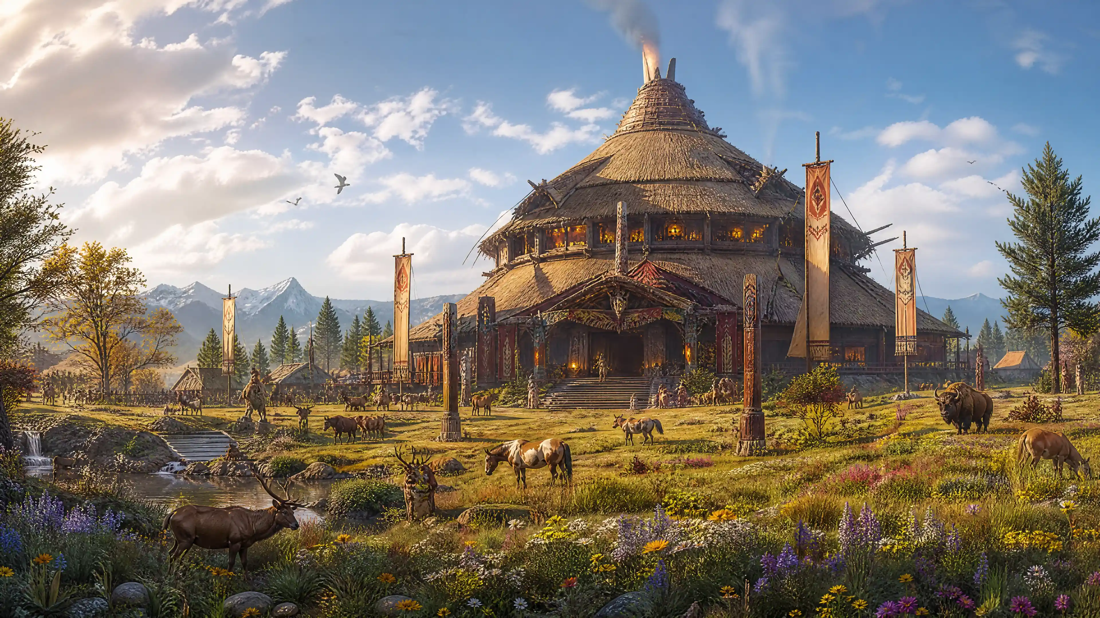 Wide grassland with flowers animals and a tribal house