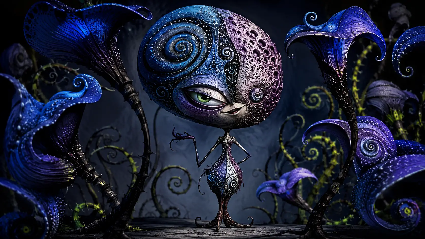 Whimsical surreal creature posing among towering abstract flowers