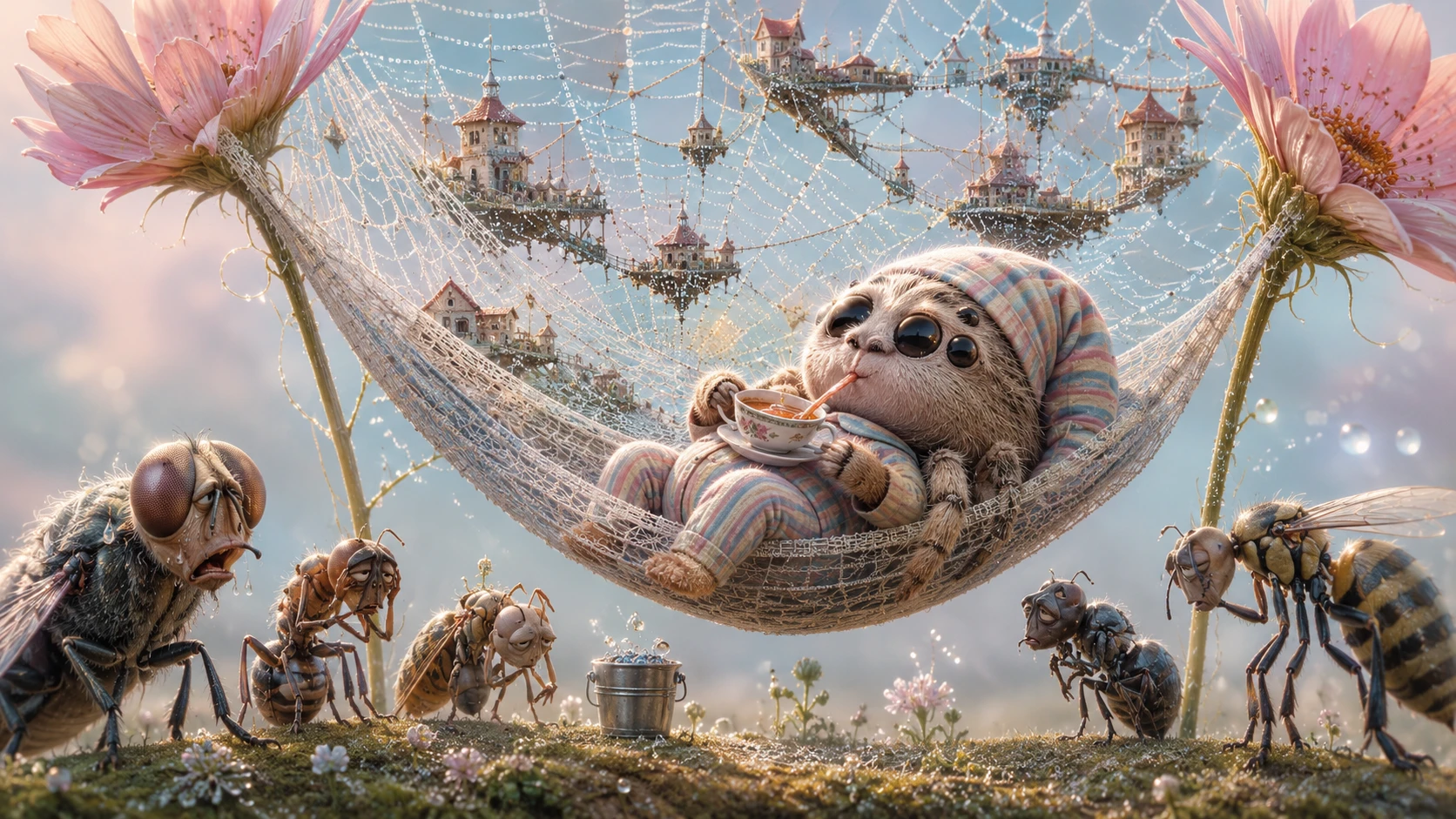 Cute baby spider lounging in a hammock between flowers