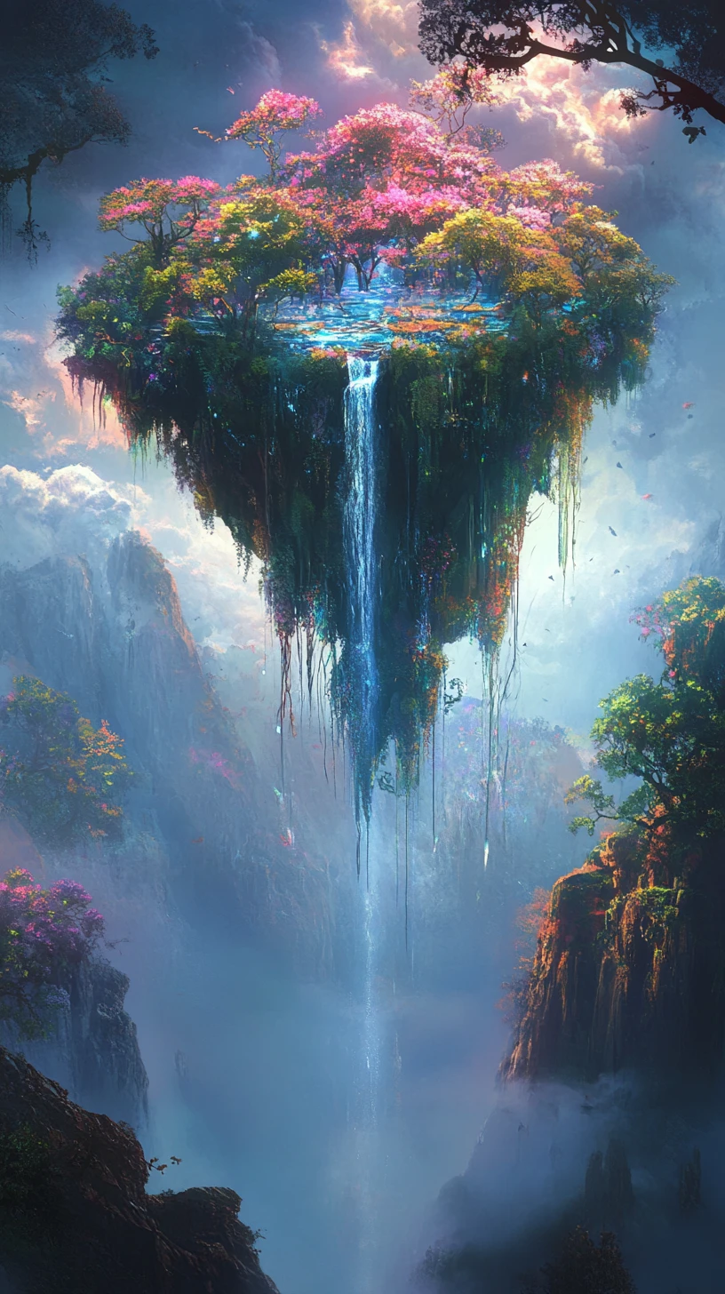 Isola fluttuante surreale con cascate in un cielo tranquillo