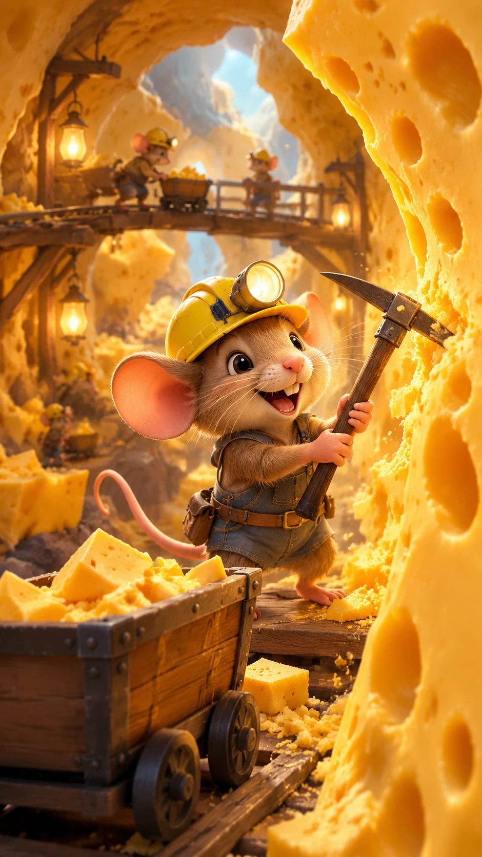 Cheerful mouse miner digging cheese in a vibrant cave