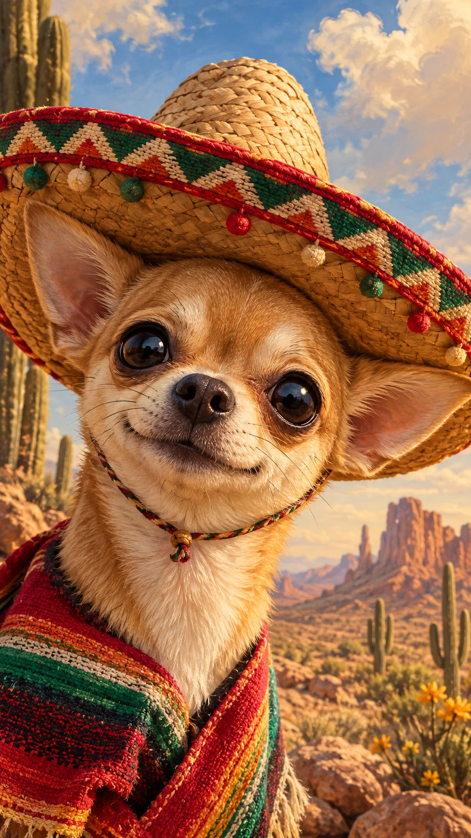 Cute chihuahua wearing a sombrero in a sunny desert