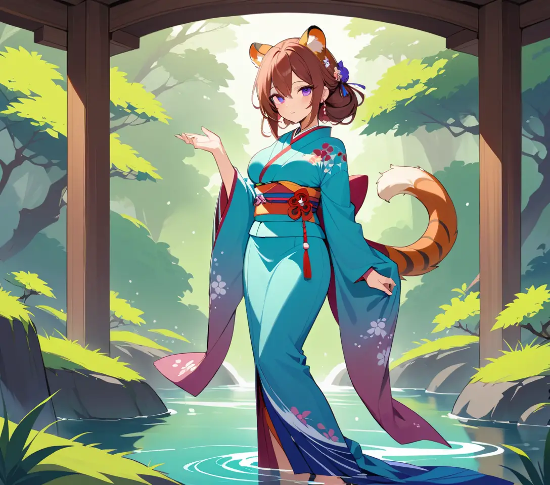 Scarred tigress woman in furisode kimono in zen garden