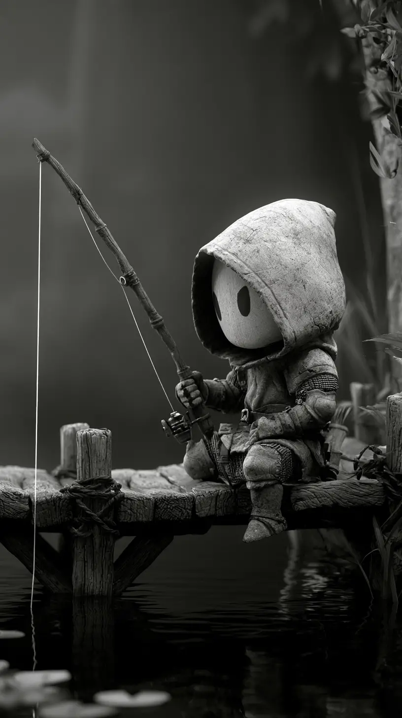 Tiny medieval warrior fishing from a small wooden bridge