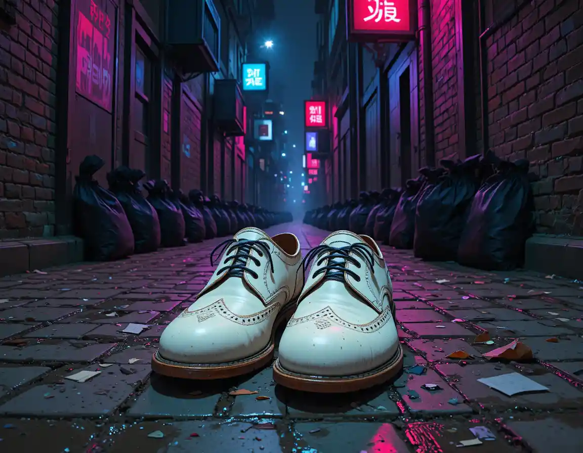 Dirty white dress shoes with crying cartoon eyes in alley