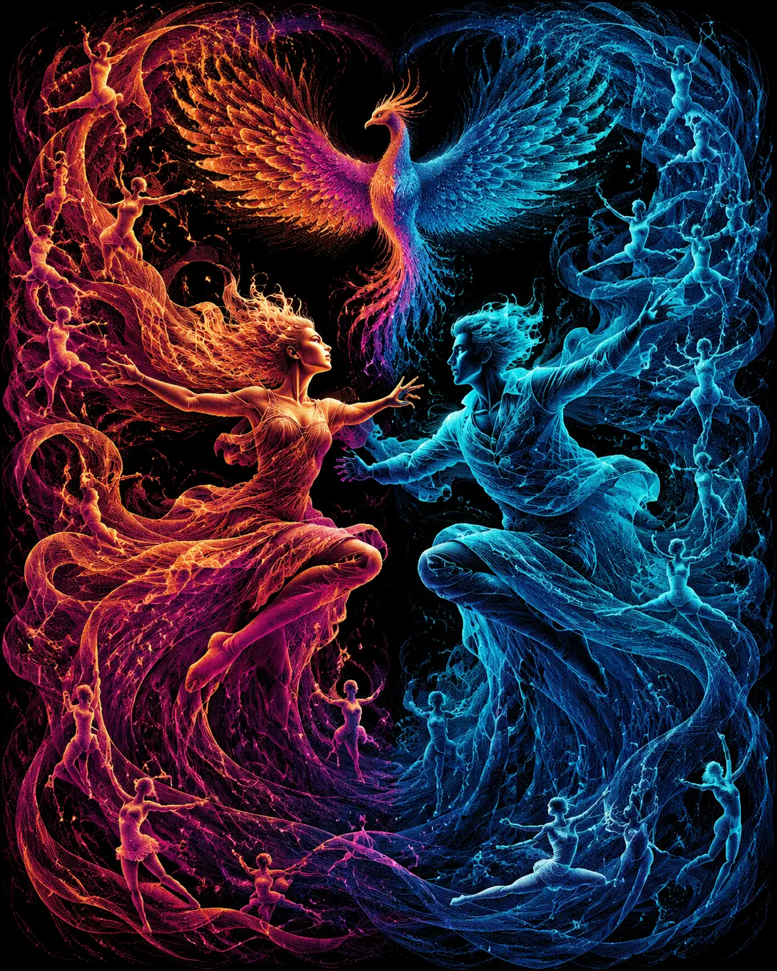 Two opposing light dancers leaping in dramatic motion