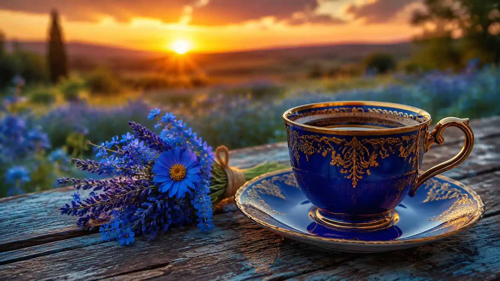 Primer plano de taza de café azul con flores al atardecer