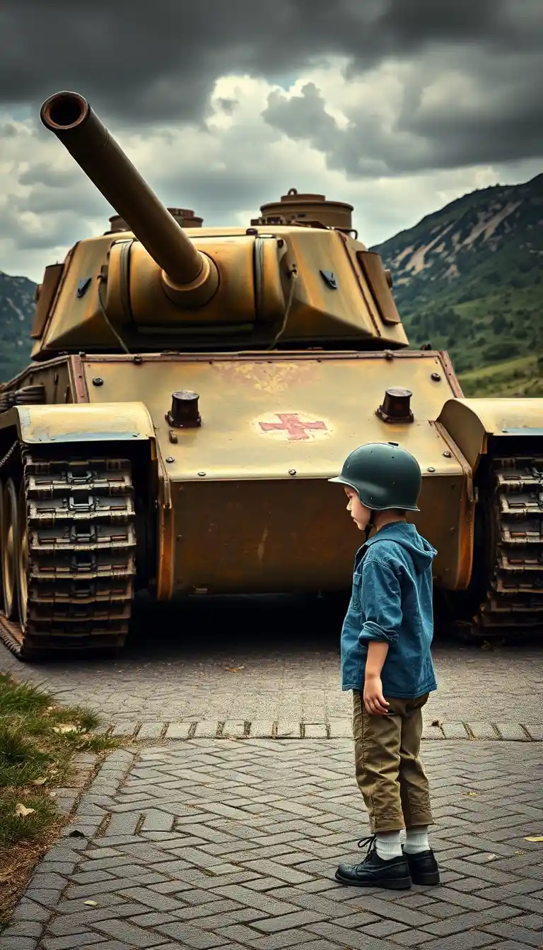 Little boy beside rusty world war tank in mountains