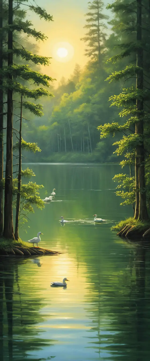 일출 무렵 거울 같은 숲 호수 위를 나는 오리들