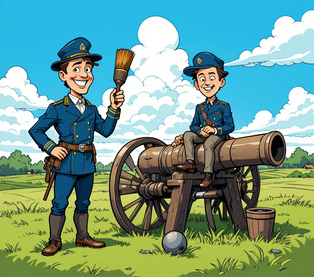 Cartoon-Union-Soldaten mit Kanone auf sonniger Wiese
