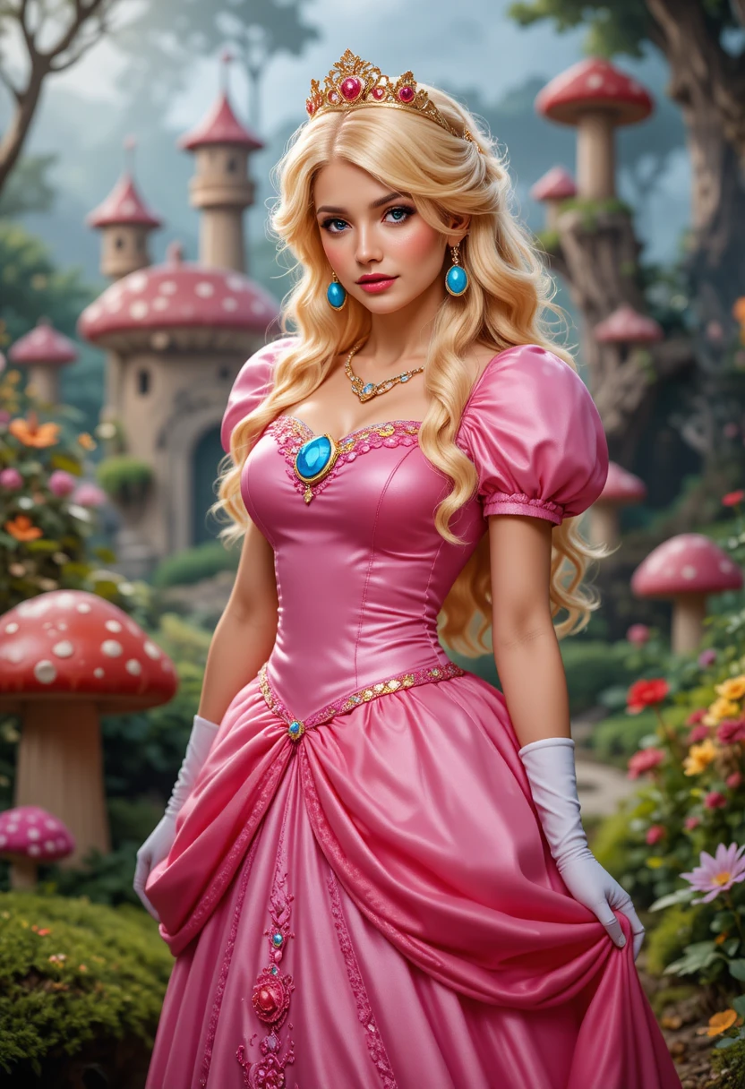 Hispanische Frau im rosa Kleid in einem fantastischen Pilzkönigreich