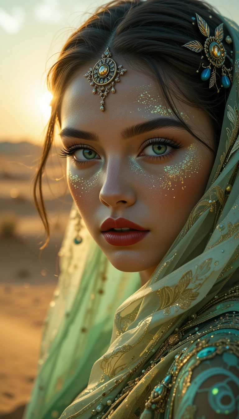 Cinematic close up of a jeweled woman in desert silk